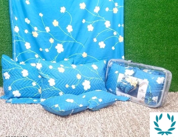 Cotton Blend 5pcs Bedding Setwith One double bedsheet with 2 Quited Pillow Covers and 2 Quilted Cushions - Queen Size, Cotton Blend, 3d Printed, 5pcs of 1 Pack